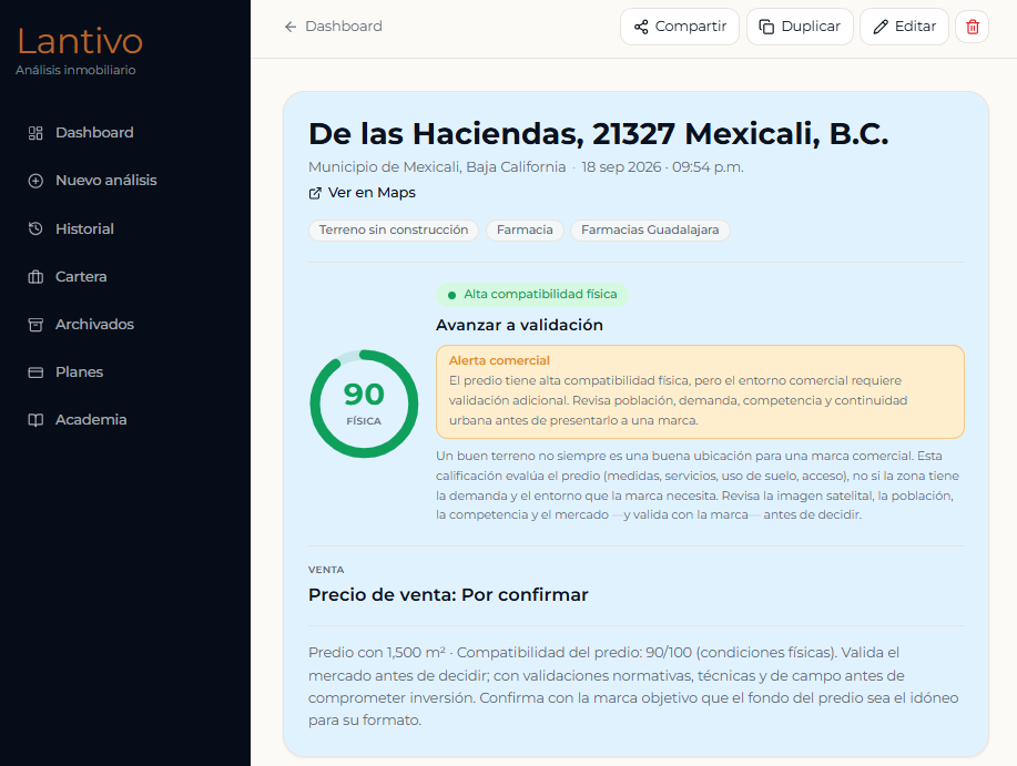 Análisis real de Lantivo: compatibilidad física 90, Alta compatibilidad física, Avanzar a validación y alerta comercial